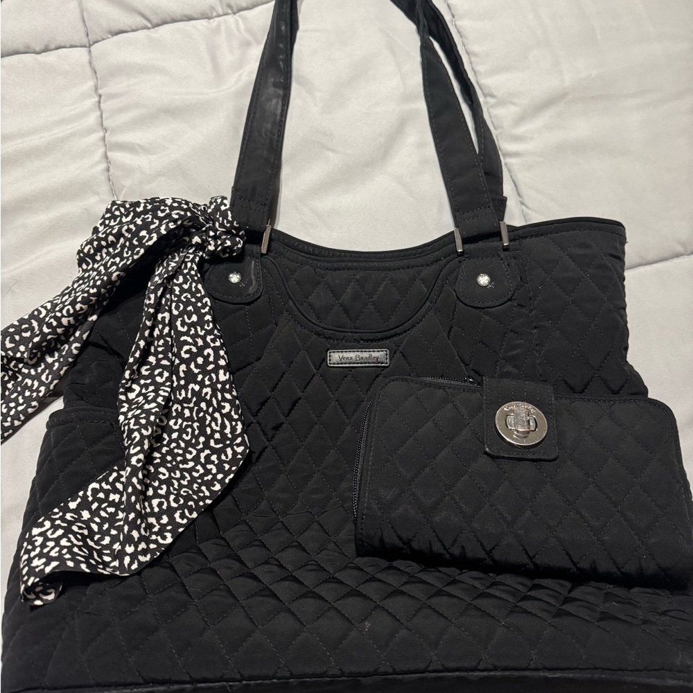 Vera Bradley Black Quilted Tote Bag with Scarf & Matching Turlock wallet.
